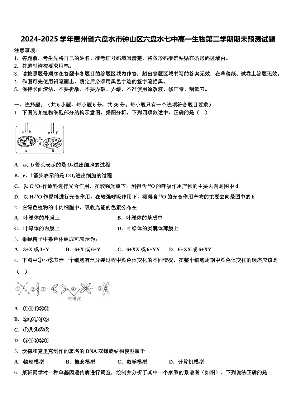 2024-2025学年贵州省六盘水市钟山区六盘水七中高一生物第二学期期末预测试题含解析_第1页