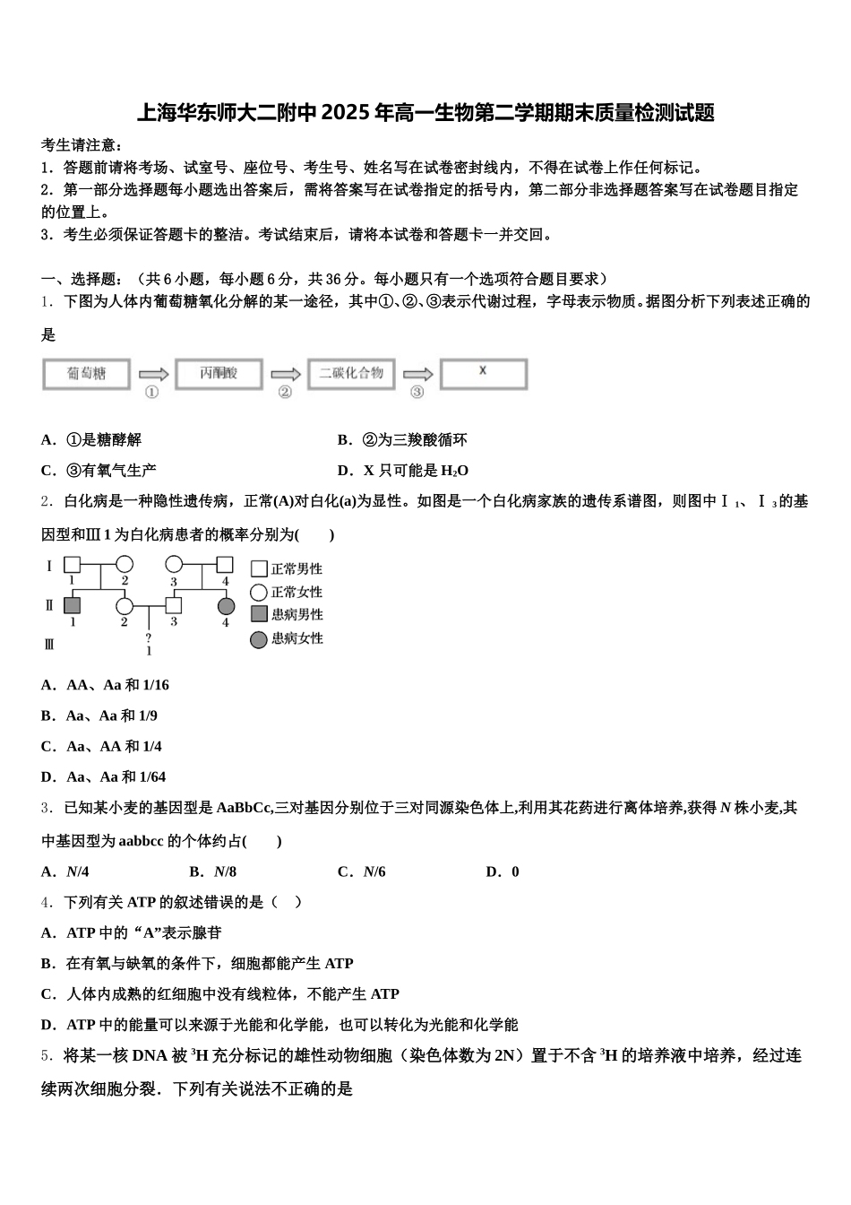 上海华东师大二附中2025年高一生物第二学期期末质量检测试题含解析_第1页