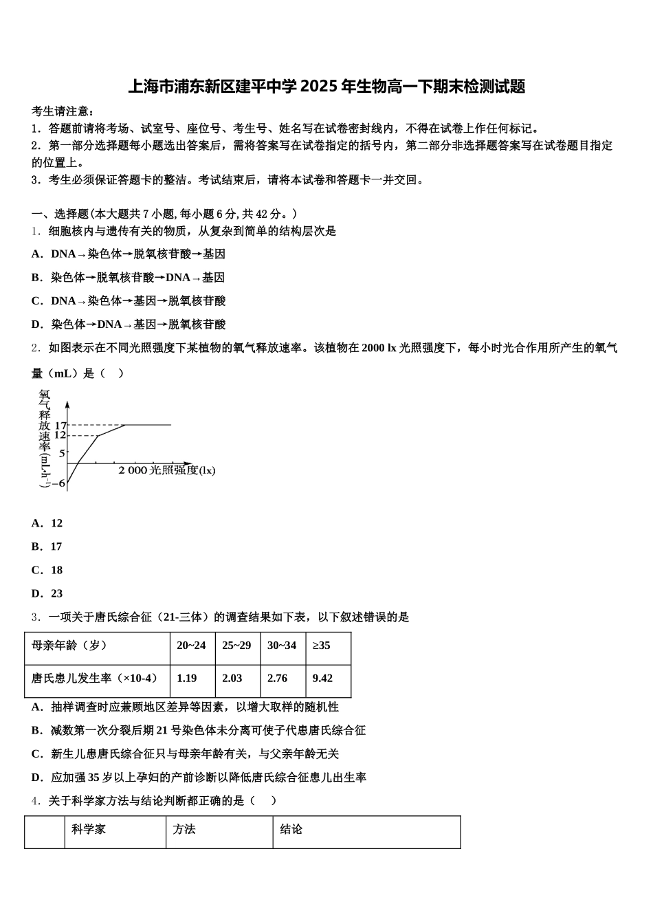 上海市浦东新区建平中学2025年生物高一下期末检测试题含解析_第1页