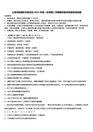 上海市杨浦区市级名校2025年高一生物第二学期期末教学质量检测试题含解析