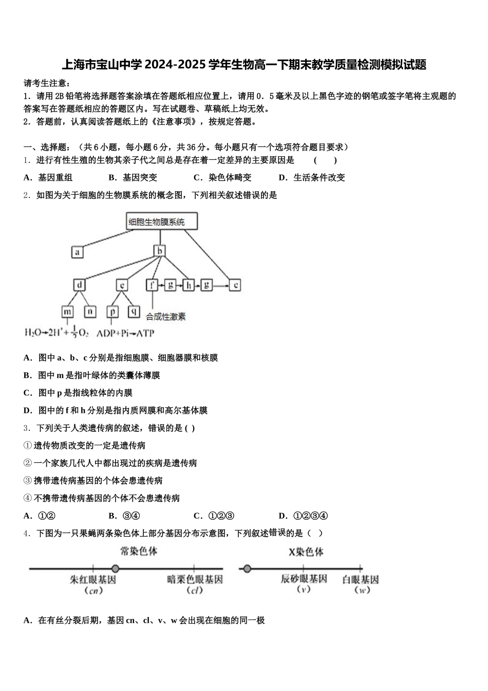 上海市宝山中学2024-2025学年生物高一下期末教学质量检测模拟试题含解析_第1页