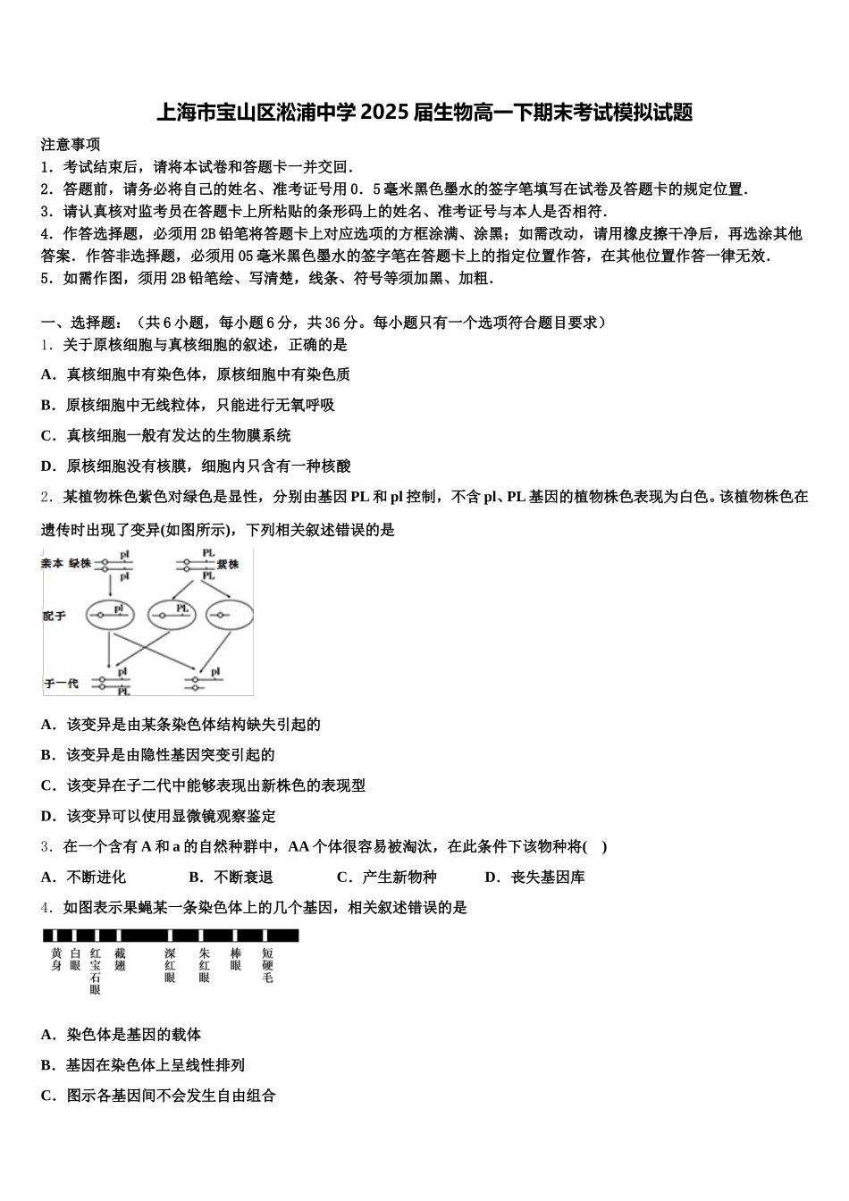 上海市宝山区淞浦中学2025届生物高一下期末考试模拟试题含解析_第1页