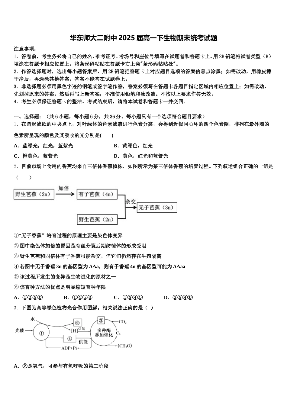 华东师大二附中2025届高一下生物期末统考试题含解析_第1页