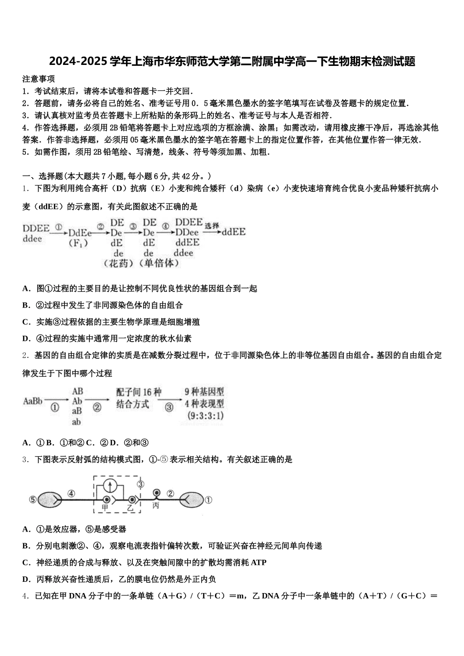 2024-2025学年上海市华东师范大学第二附属中学高一下生物期末检测试题含解析_第1页