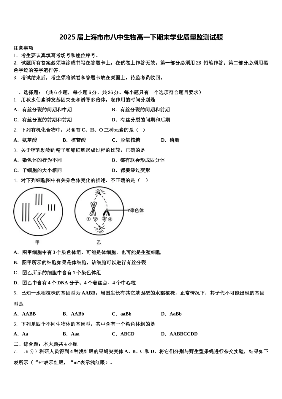 2025届上海市市八中生物高一下期末学业质量监测试题含解析_第1页