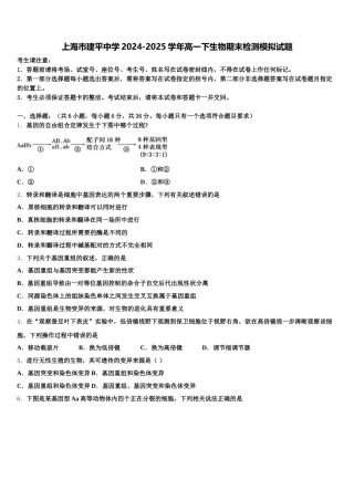 上海市建平中学2024-2025学年高一下生物期末检测模拟试题含解析
