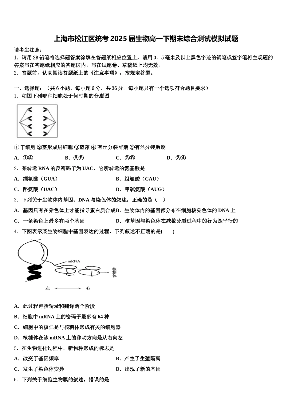 上海市松江区统考2025届生物高一下期末综合测试模拟试题含解析_第1页