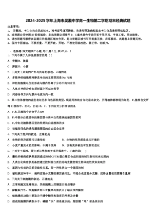 2024-2025学年上海市吴淞中学高一生物第二学期期末经典试题含解析