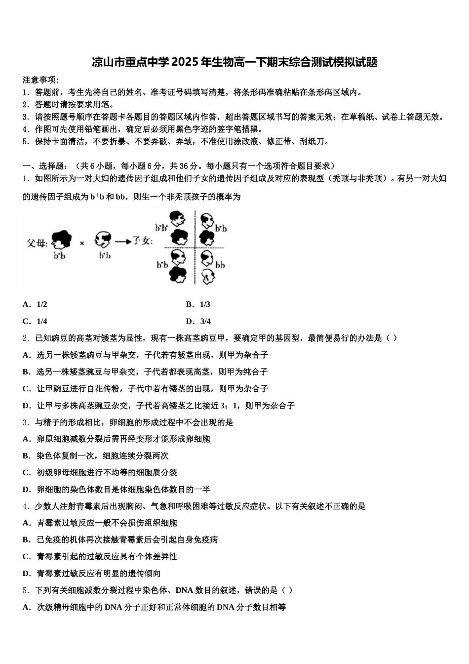 凉山市重点中学2025年生物高一下期末综合测试模拟试题含解析_第1页