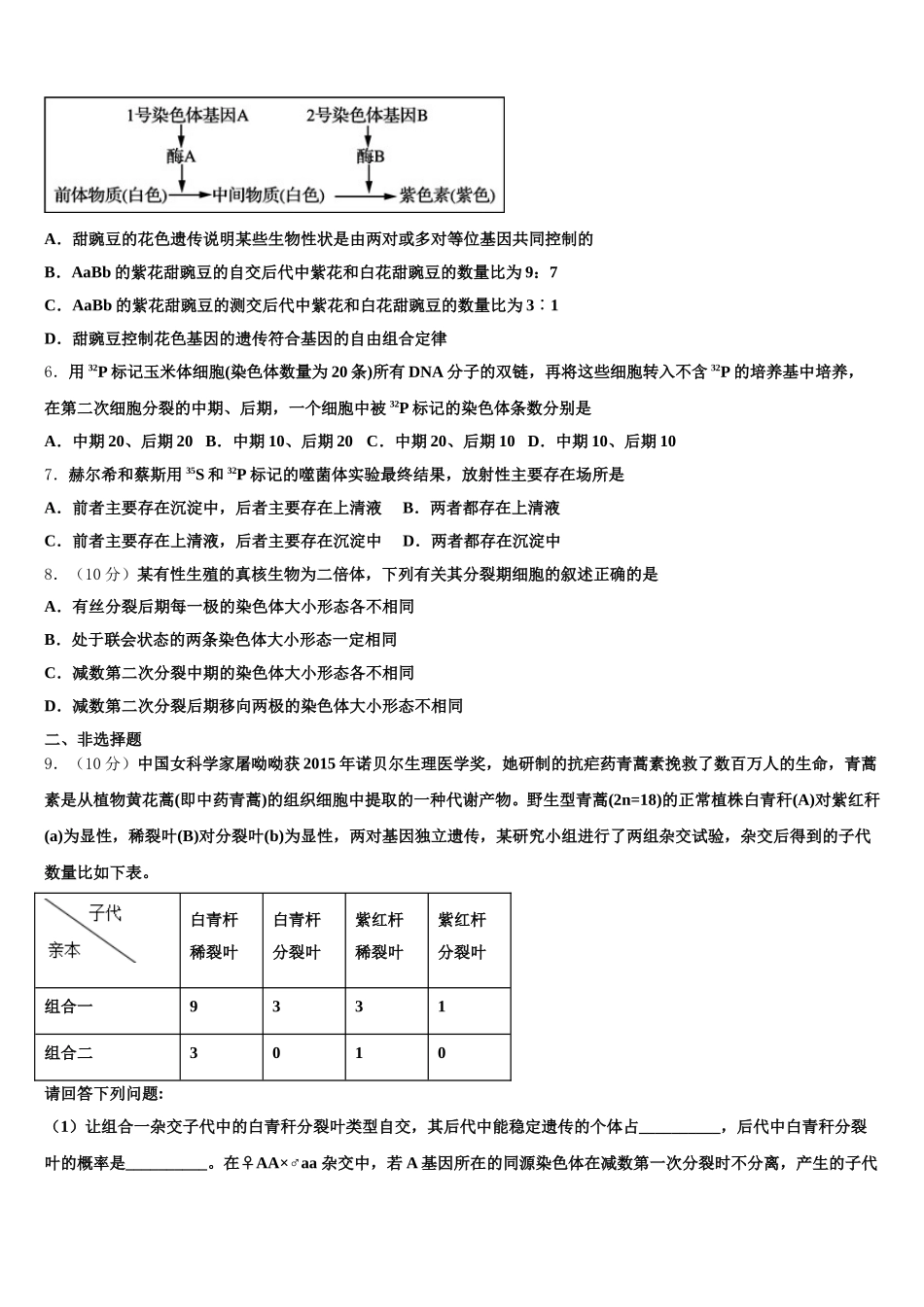 四川省绿然国际学校2025年生物高一第二学期期末教学质量检测模拟试题含解析_第2页