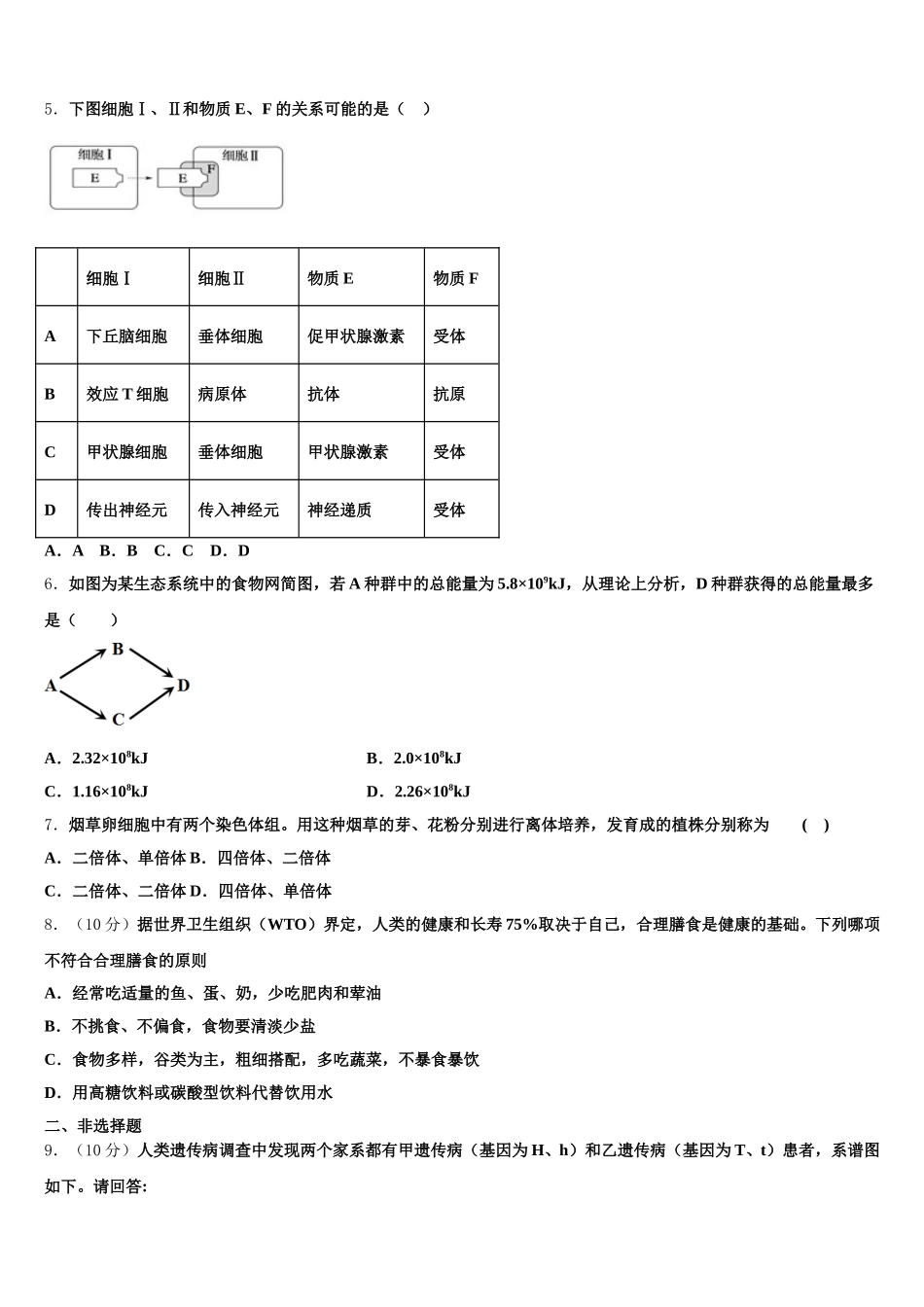 2025届四川省雅安中学生物高一第二学期期末统考模拟试题含解析_第2页