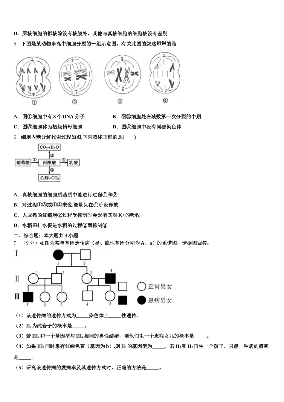 四川省雅安市2025年生物高一第二学期期末检测模拟试题含解析_第2页