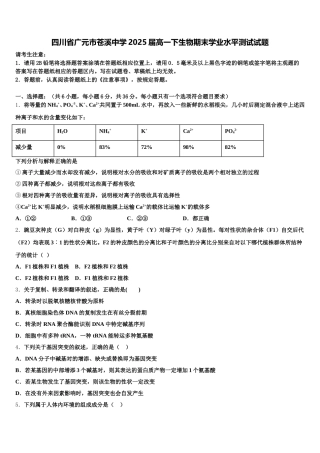 四川省广元市苍溪中学2025届高一下生物期末学业水平测试试题含解析