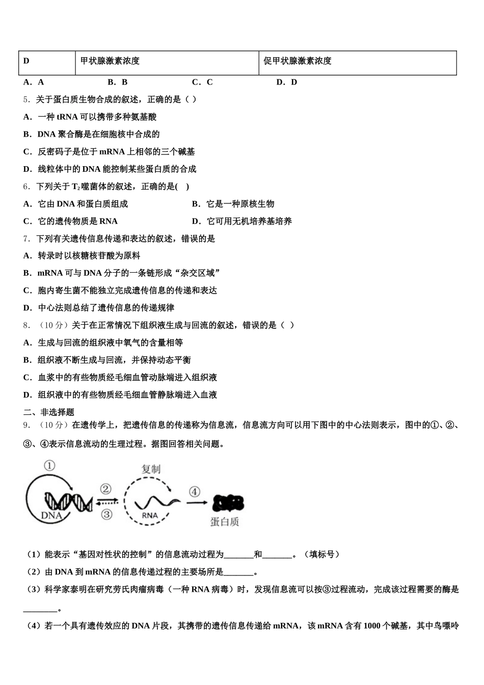 2025年四川巫溪县白马中学高一生物第二学期期末学业质量监测试题含解析_第2页