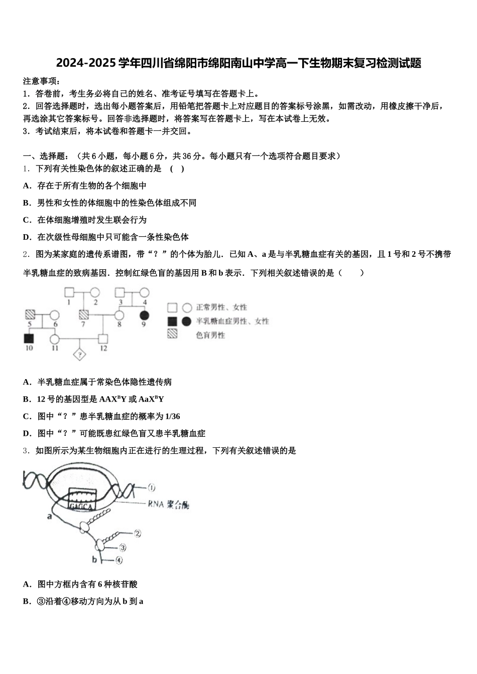 2024-2025学年四川省绵阳市绵阳南山中学高一下生物期末复习检测试题含解析_第1页