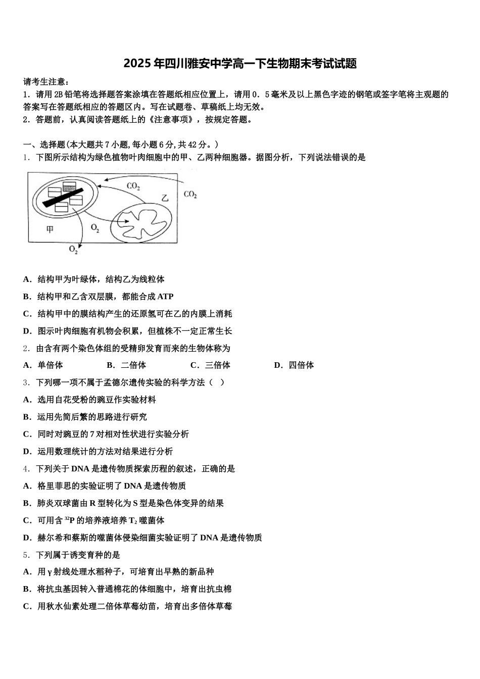 2025年四川雅安中学高一下生物期末考试试题含解析_第1页