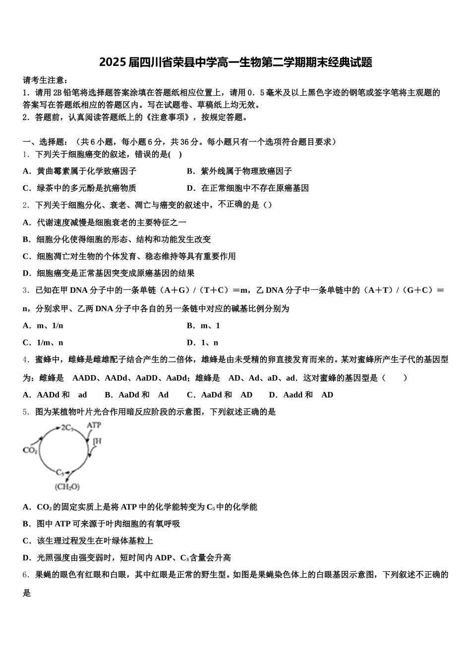 2025届四川省荣县中学高一生物第二学期期末经典试题含解析_第1页