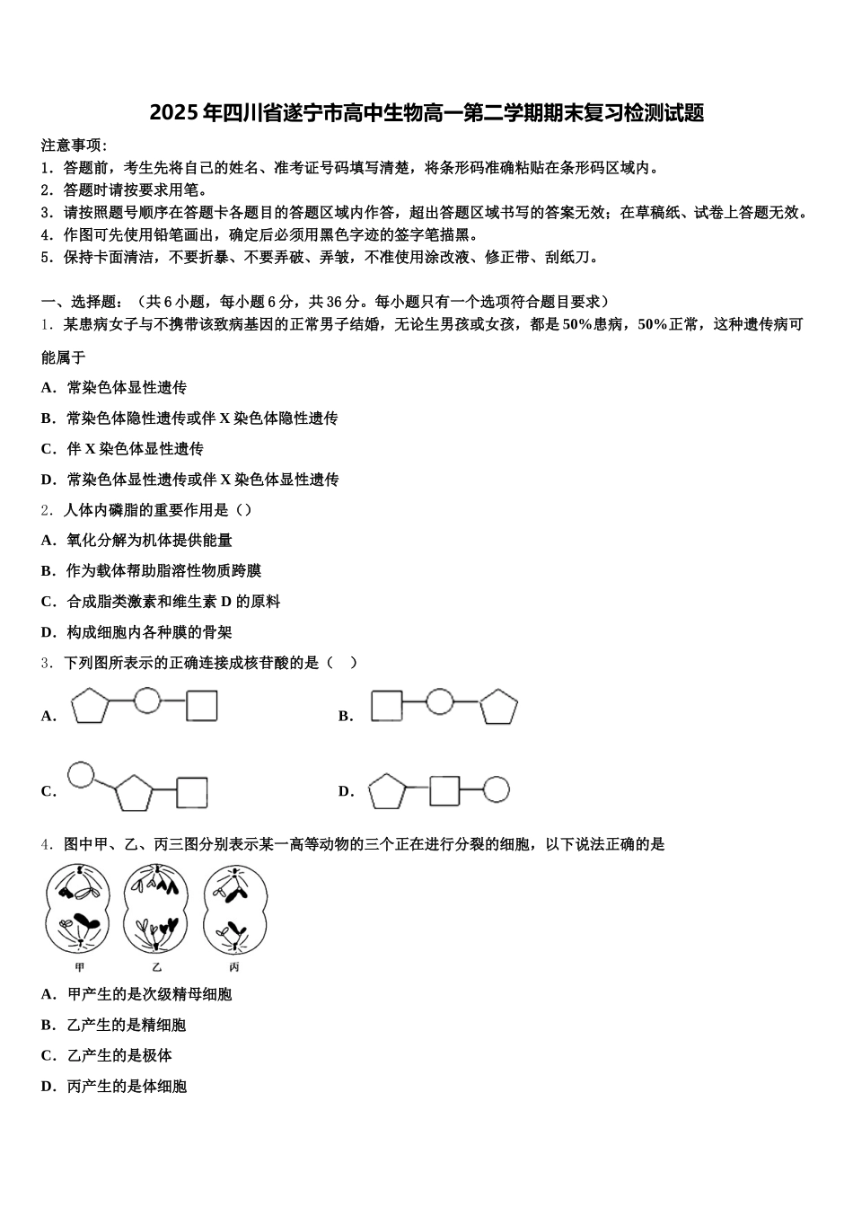 2025年四川省遂宁市高中生物高一第二学期期末复习检测试题含解析_第1页