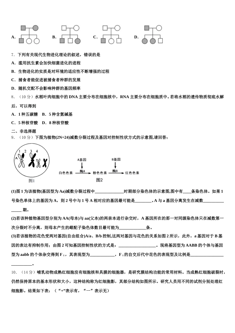 2024-2025学年甘肃省张掖市民乐县第一中学生物高一下期末质量检测模拟试题含解析_第2页
