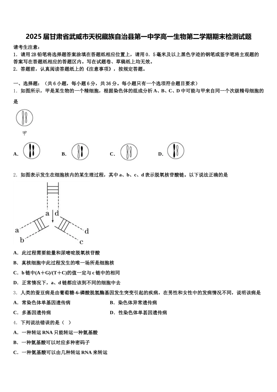 2025届甘肃省武威市天祝藏族自治县第一中学高一生物第二学期期末检测试题含解析_第1页