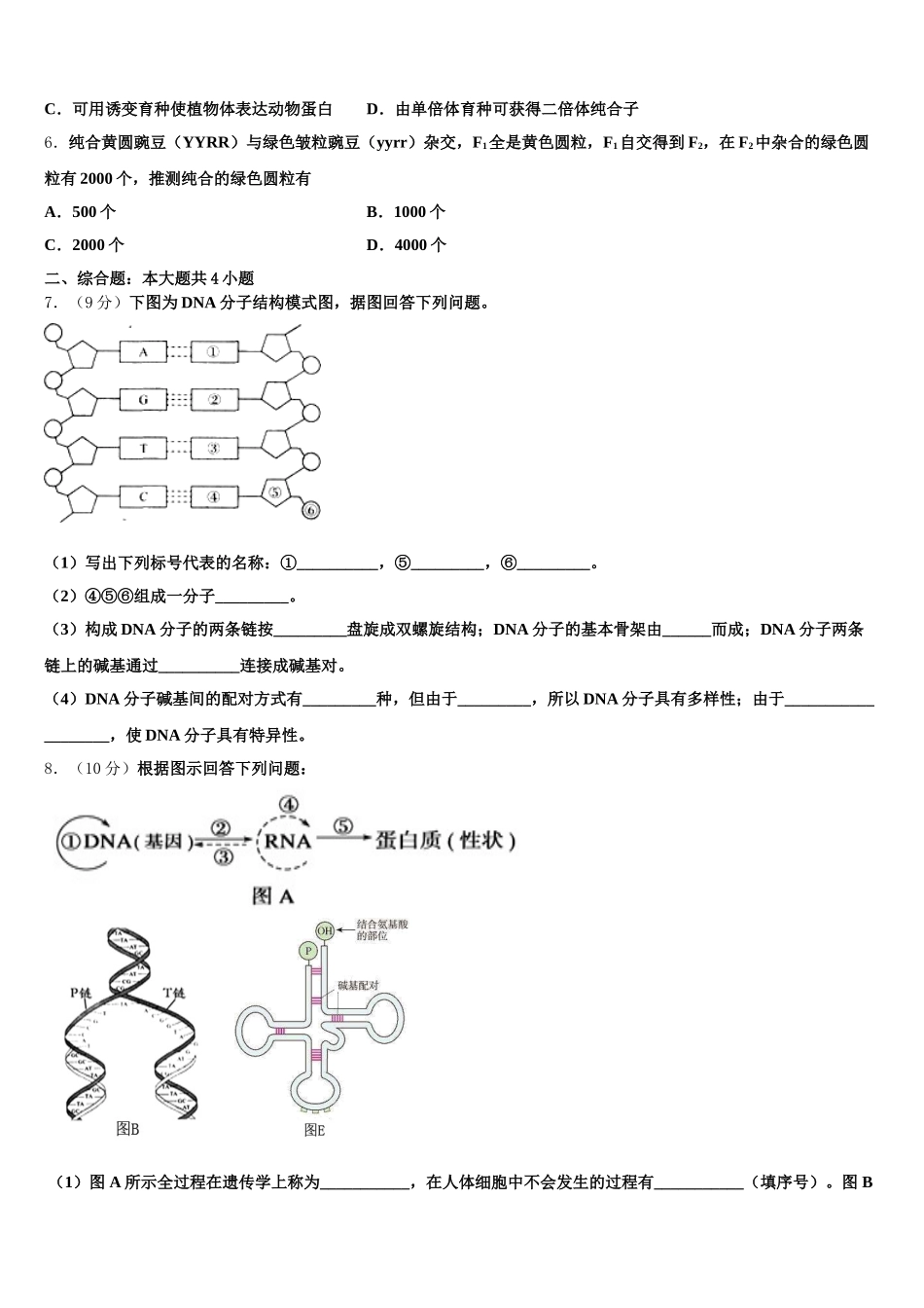2024-2025学年甘肃省民勤三中 高一下生物期末质量跟踪监视试题含解析_第2页