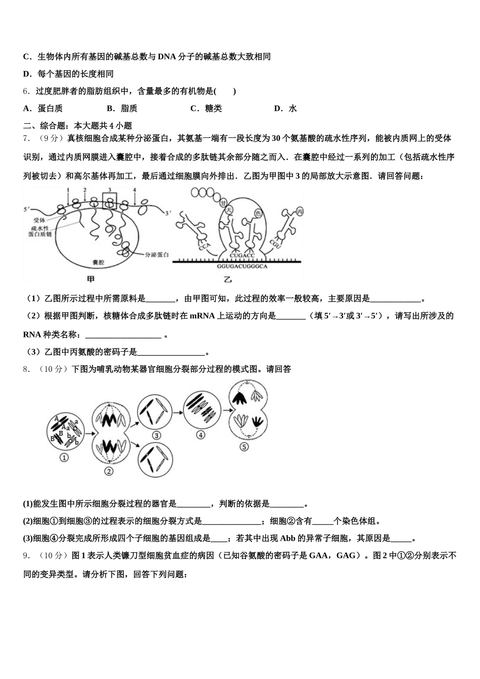 2024-2025学年甘肃省武威市天祝藏族自治县第一中学高一下生物期末检测模拟试题含解析_第2页