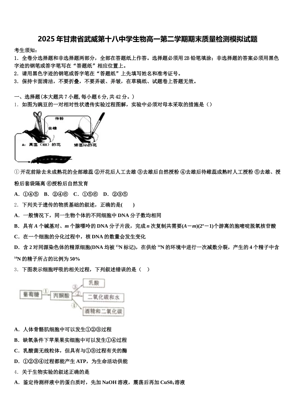 2025年甘肃省武威第十八中学生物高一第二学期期末质量检测模拟试题含解析_第1页