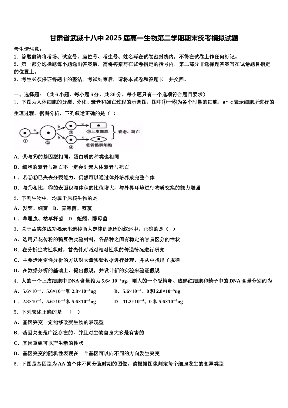 甘肃省武威十八中2025届高一生物第二学期期末统考模拟试题含解析_第1页
