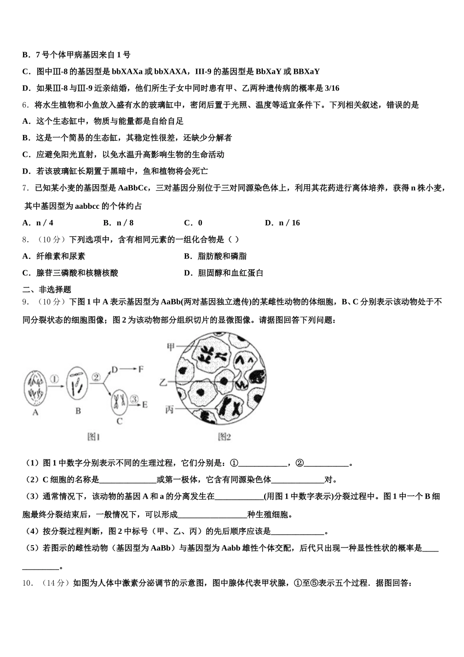 2025届甘肃省陇南市第五中学生物高一第二学期期末质量跟踪监视试题含解析_第2页