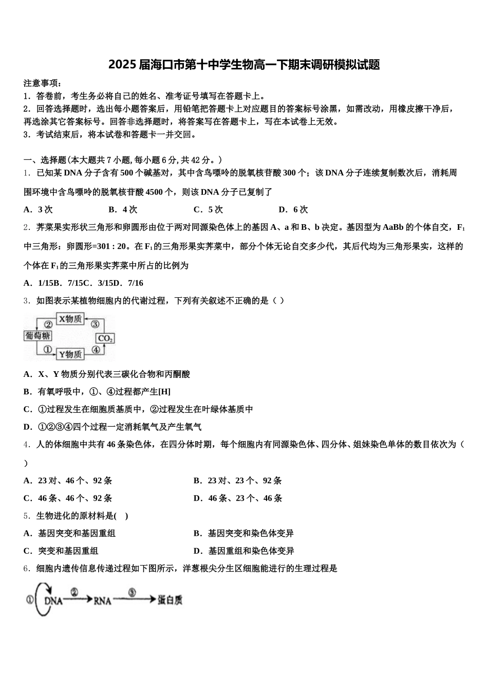 2025届海口市第十中学生物高一下期末调研模拟试题含解析_第1页