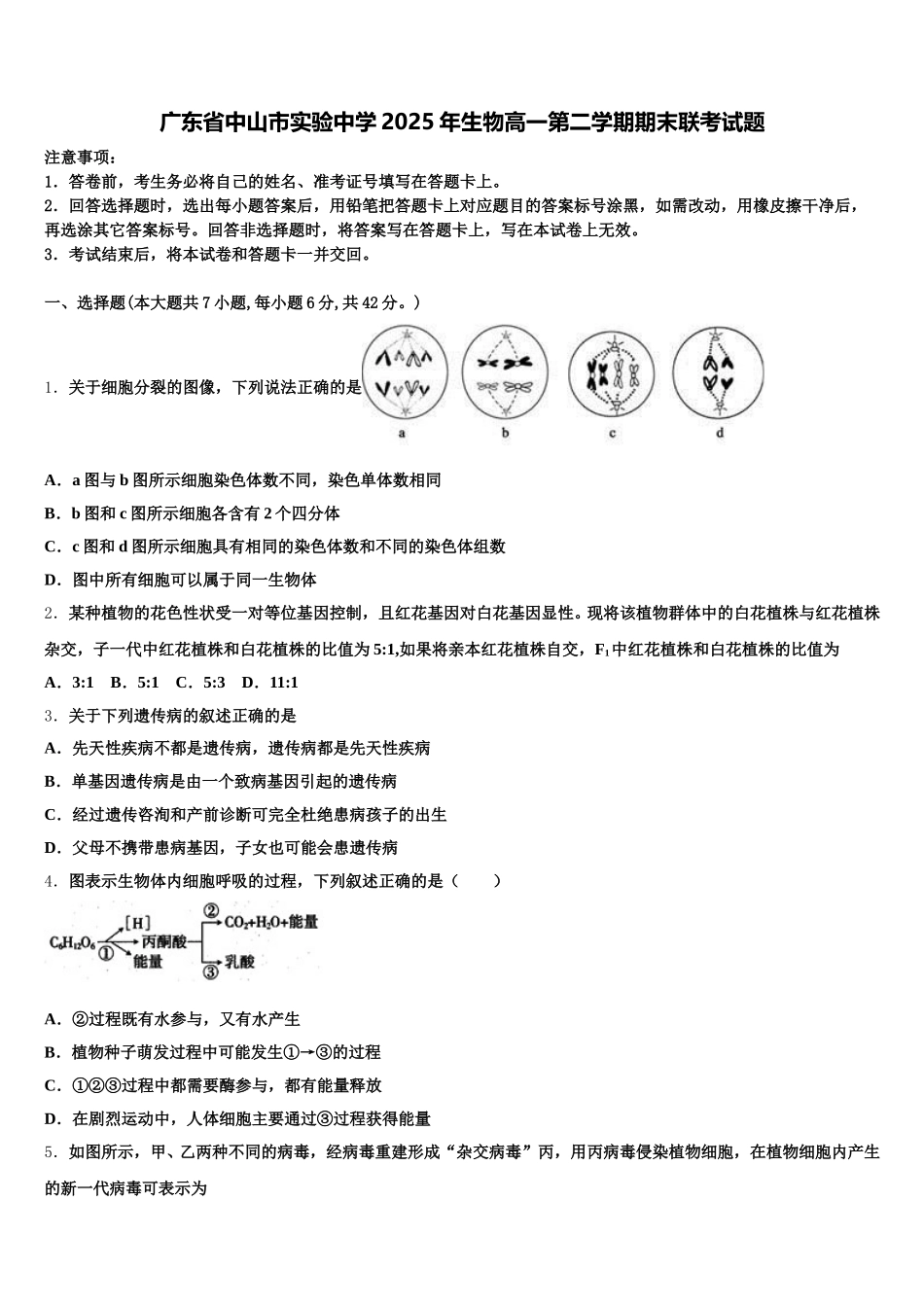 广东省中山市实验中学2025年生物高一第二学期期末联考试题含解析_第1页