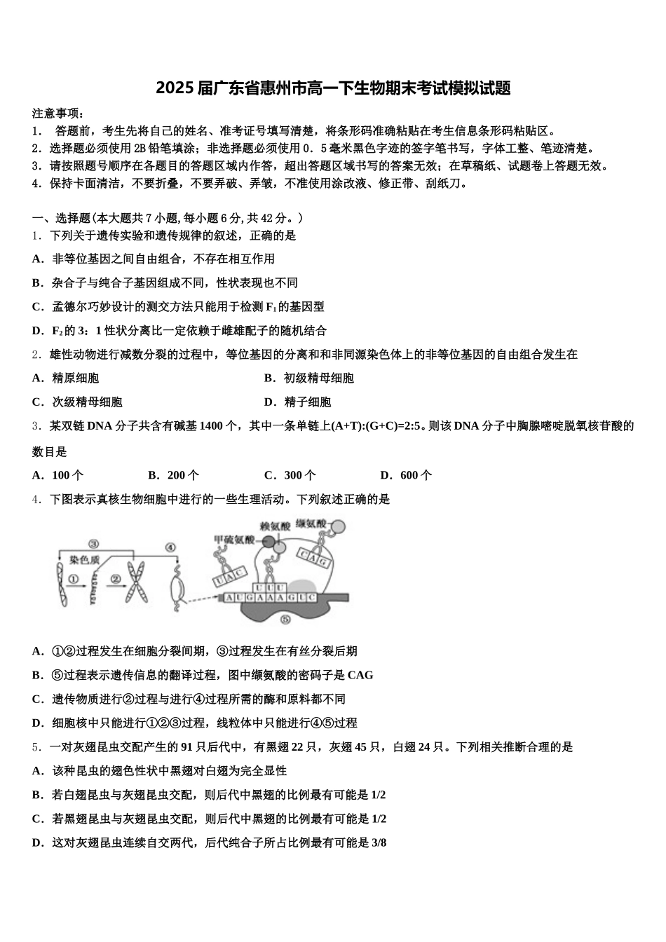 2025届广东省惠州市高一下生物期末考试模拟试题含解析_第1页