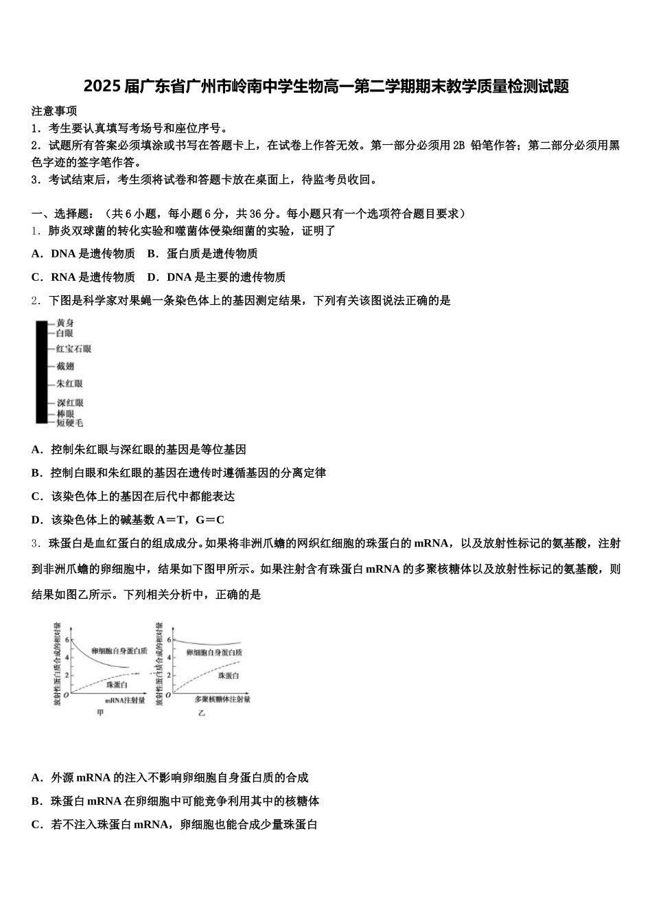 2025届广东省广州市岭南中学生物高一第二学期期末教学质量检测试题含解析_第1页