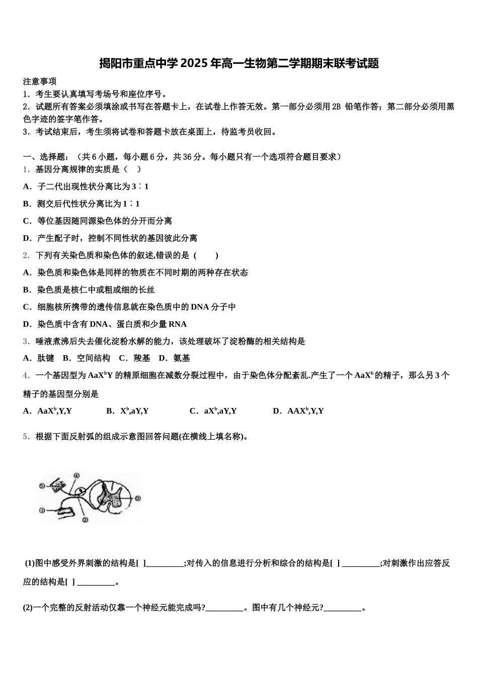 揭阳市重点中学2025年高一生物第二学期期末联考试题含解析_第1页