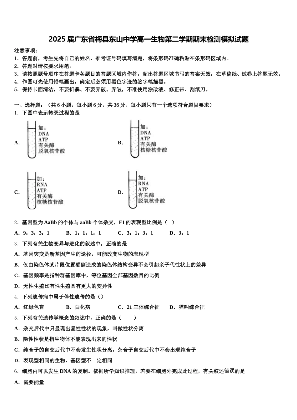 2025届广东省梅县东山中学高一生物第二学期期末检测模拟试题含解析_第1页