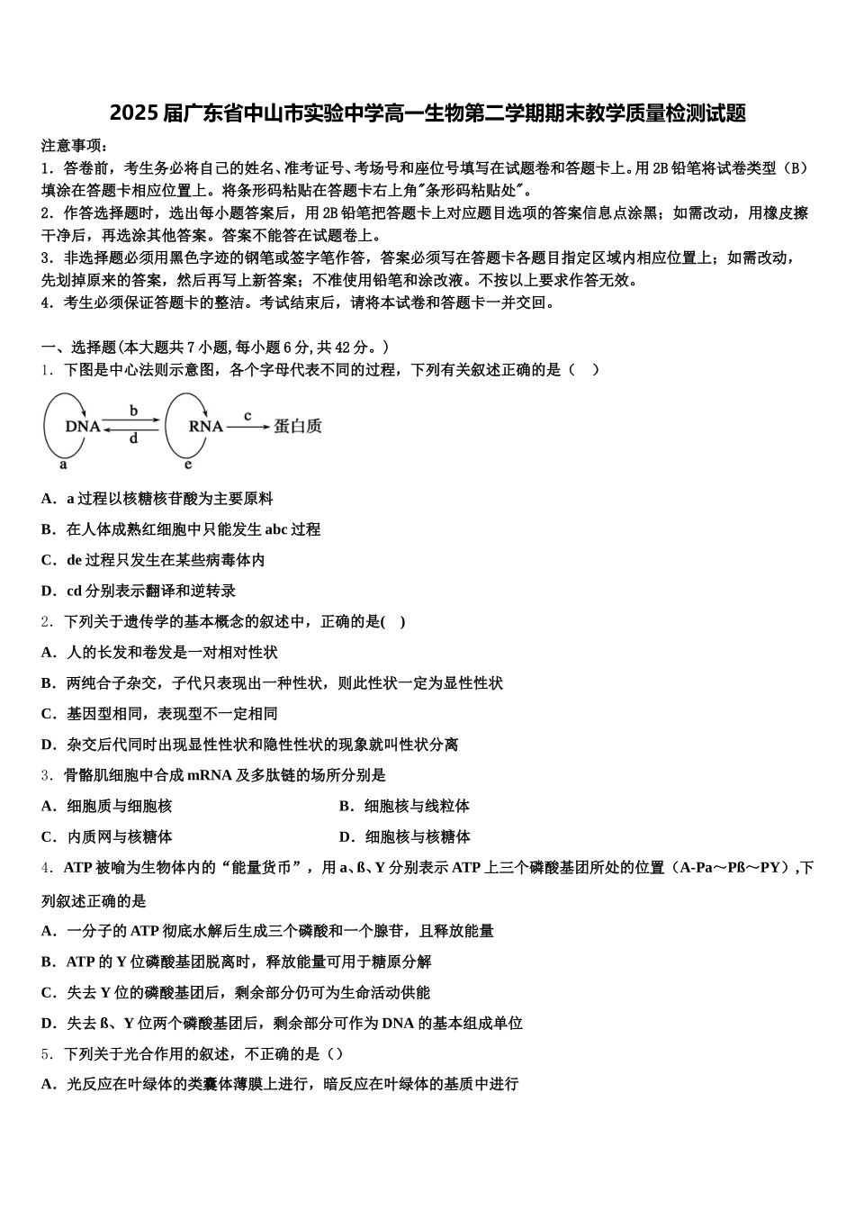 2025届广东省中山市实验中学高一生物第二学期期末教学质量检测试题含解析_第1页