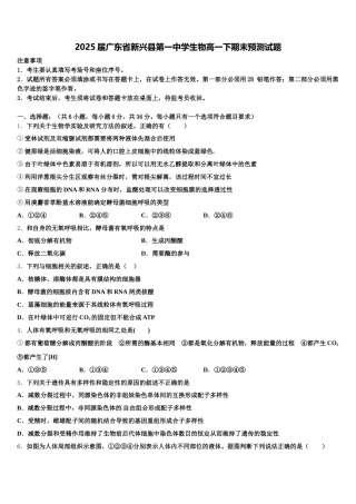 2025届广东省新兴县第一中学生物高一下期末预测试题含解析