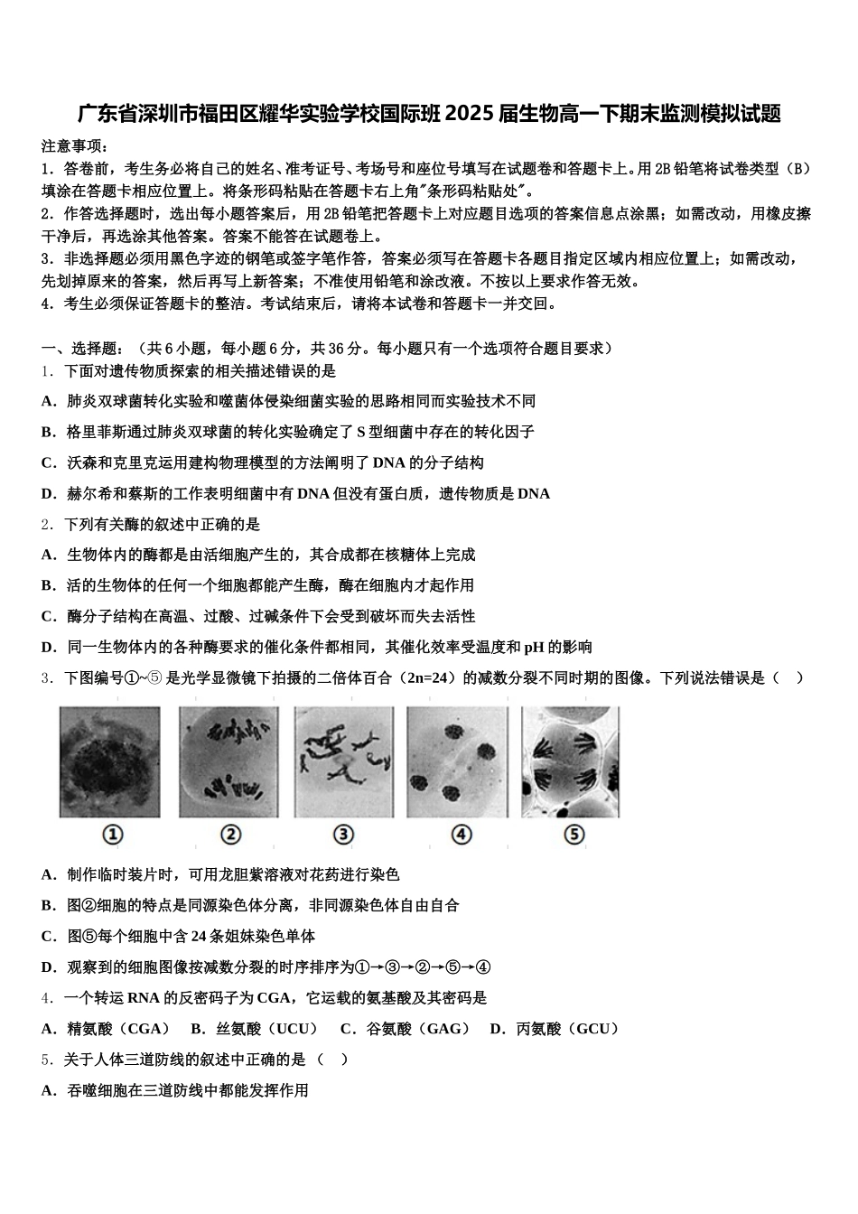 广东省深圳市福田区耀华实验学校国际班2025届生物高一下期末监测模拟试题含解析_第1页
