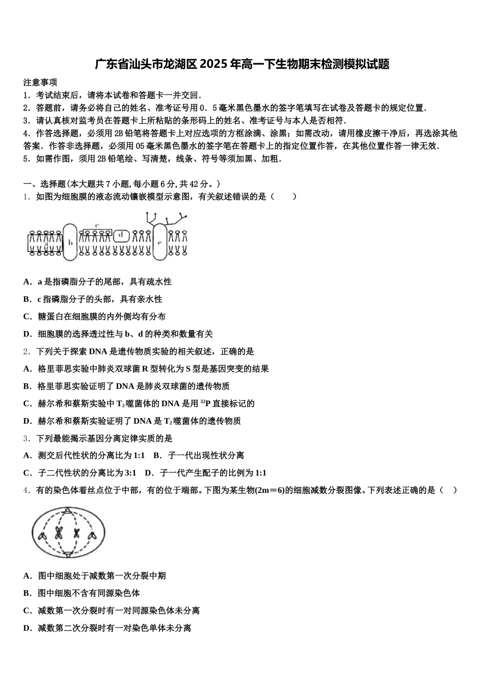 广东省汕头市龙湖区2025年高一下生物期末检测模拟试题含解析_第1页