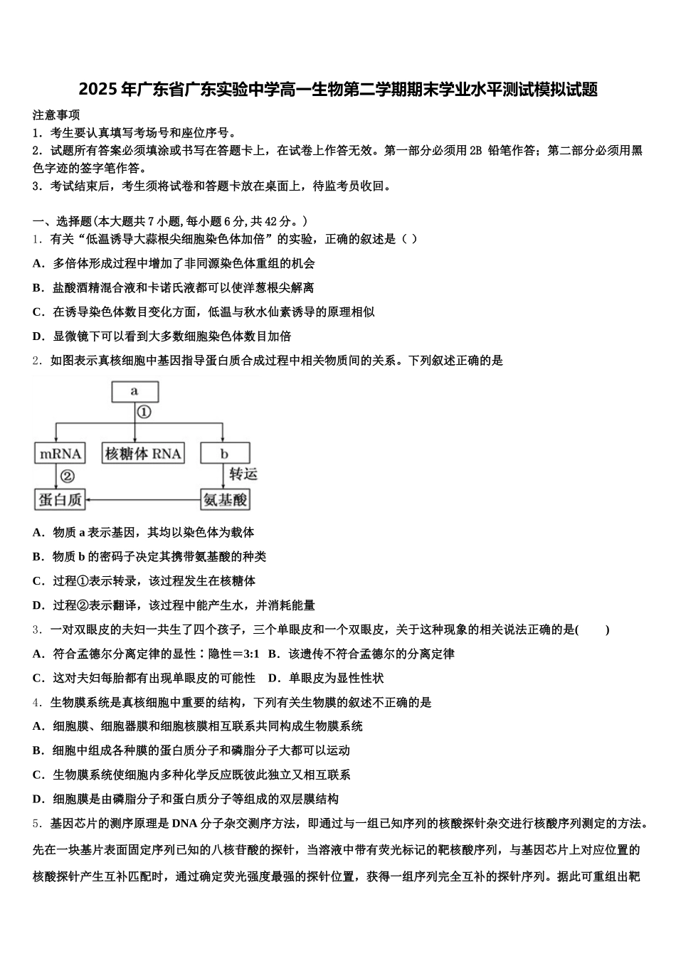 2025年广东省广东实验中学高一生物第二学期期末学业水平测试模拟试题含解析_第1页