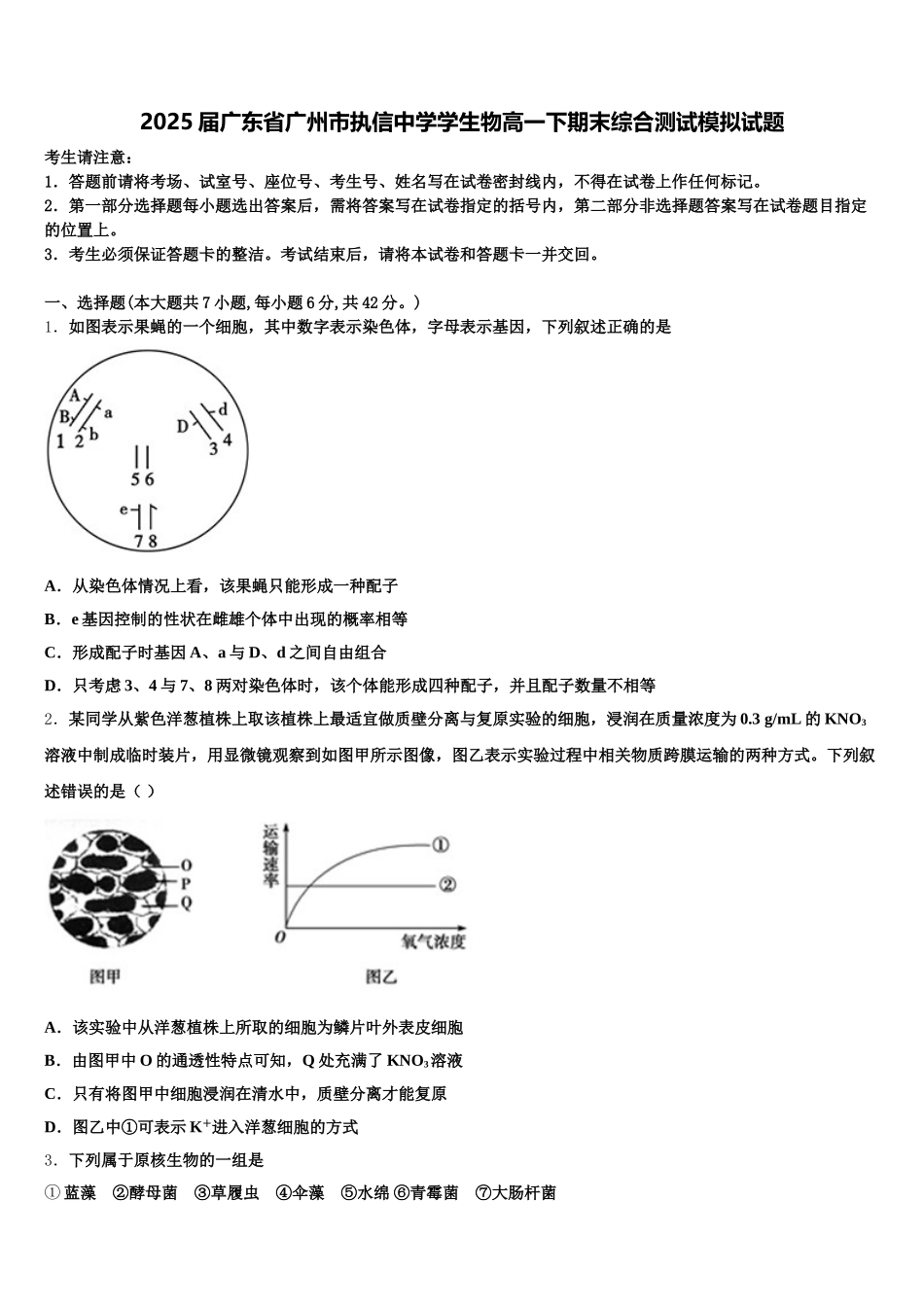 2025届广东省广州市执信中学学生物高一下期末综合测试模拟试题含解析_第1页