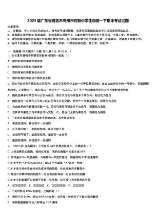 2025届广东省茂名市高州市石鼓中学生物高一下期末考试试题含解析