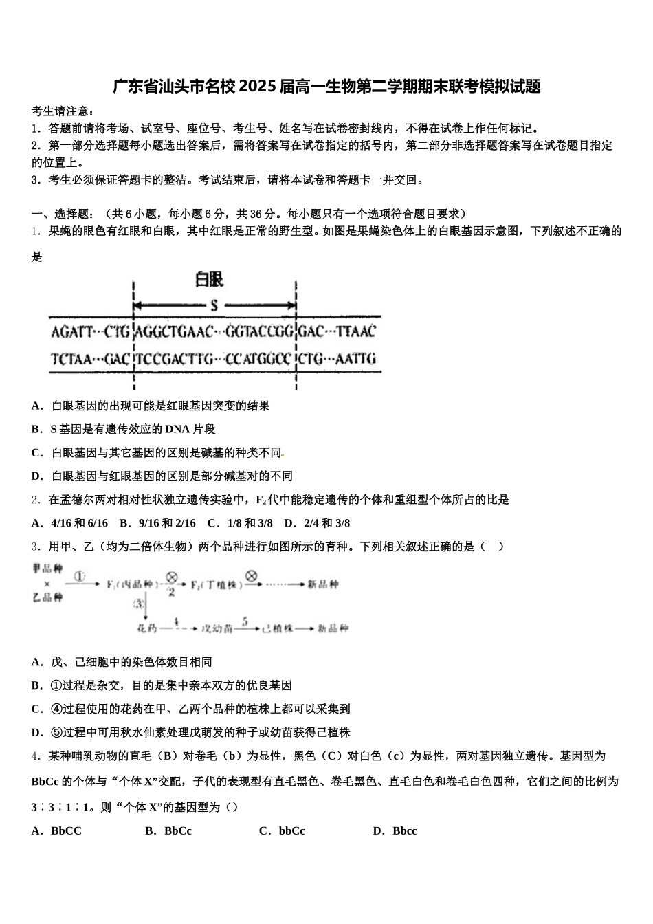广东省汕头市名校2025届高一生物第二学期期末联考模拟试题含解析_第1页