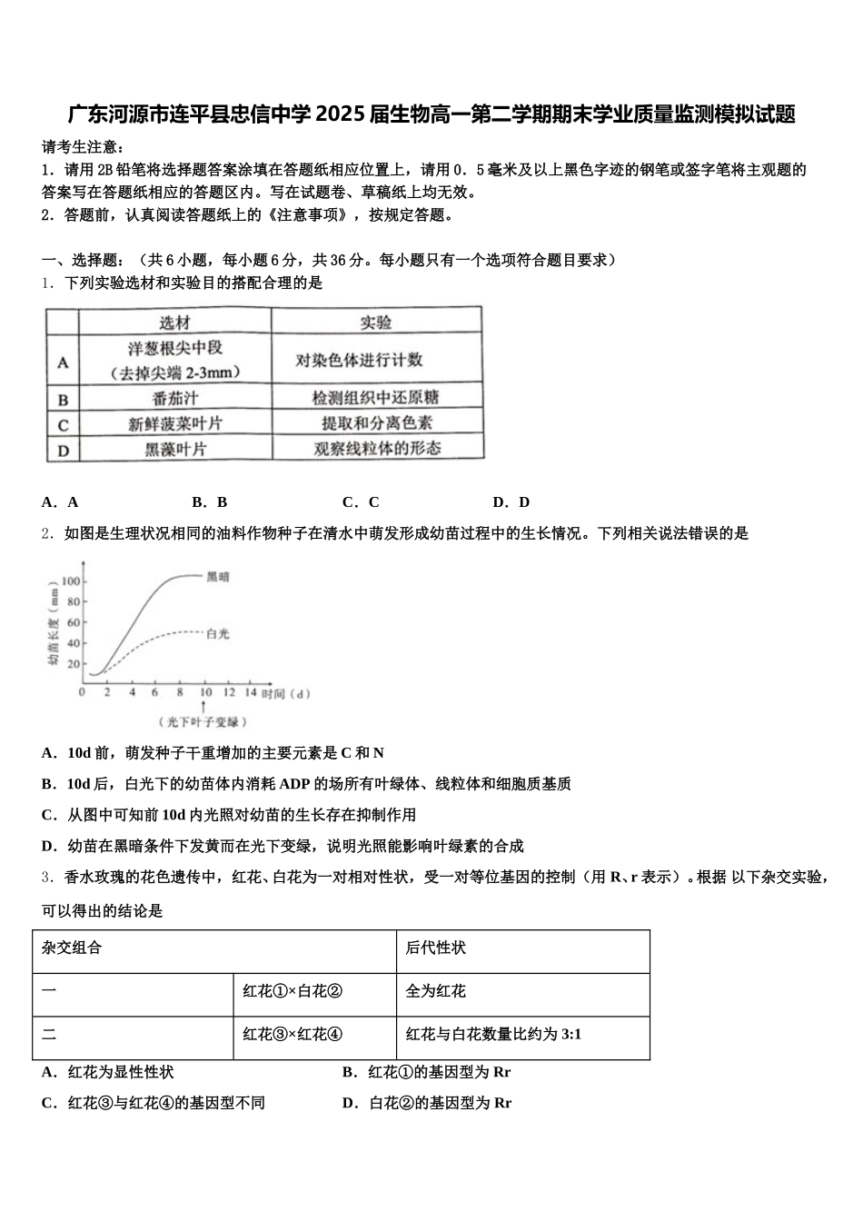 广东河源市连平县忠信中学2025届生物高一第二学期期末学业质量监测模拟试题含解析_第1页