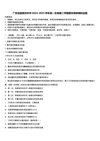 广东省蓝精灵中学2024-2025学年高一生物第二学期期末调研模拟试题含解析