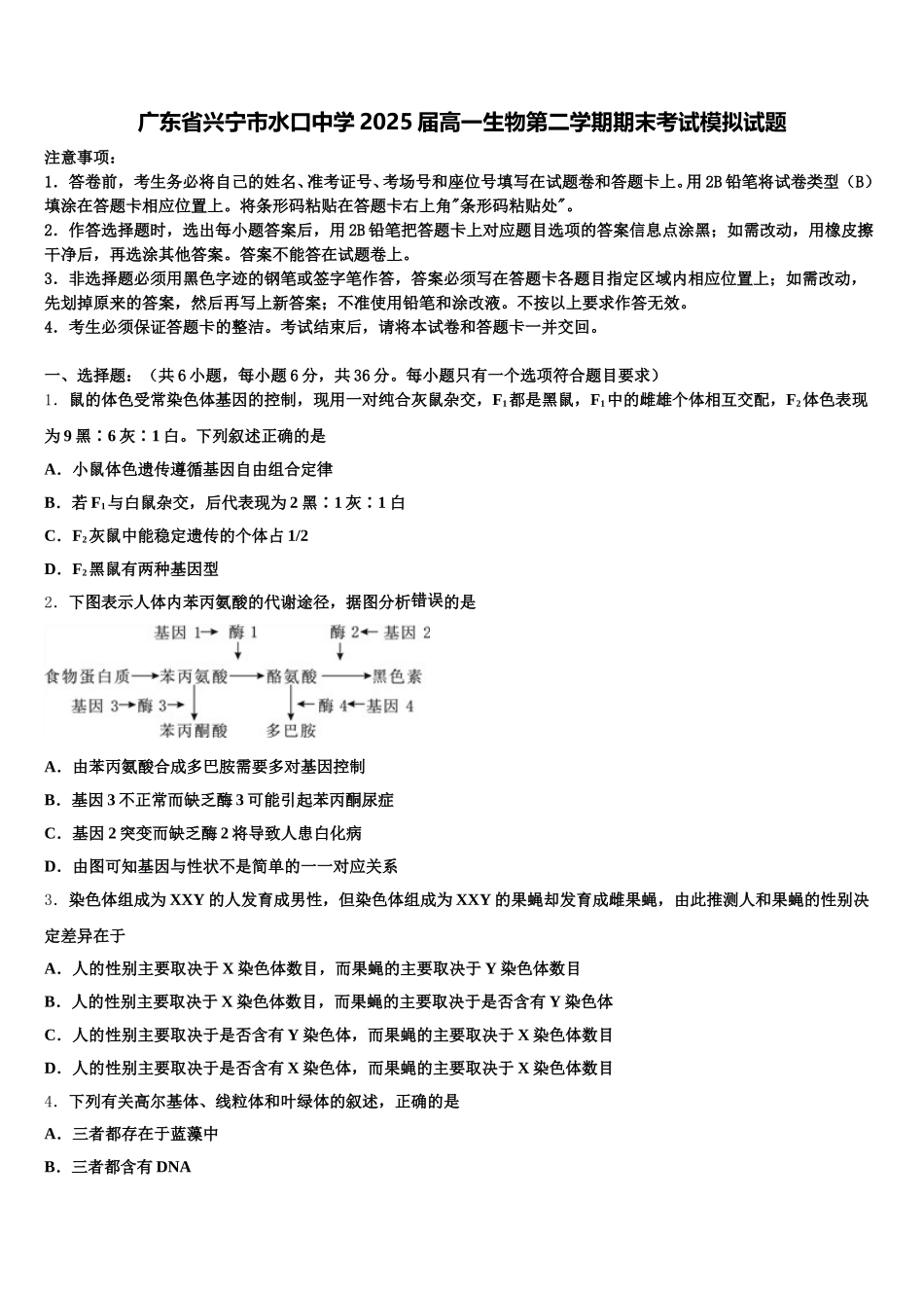 广东省兴宁市水口中学2025届高一生物第二学期期末考试模拟试题含解析_第1页