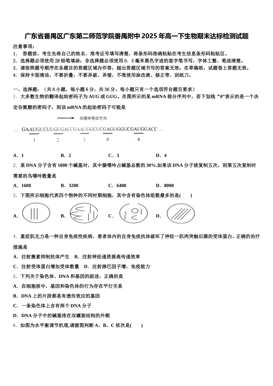 广东省番禺区广东第二师范学院番禺附中2025年高一下生物期末达标检测试题含解析_第1页