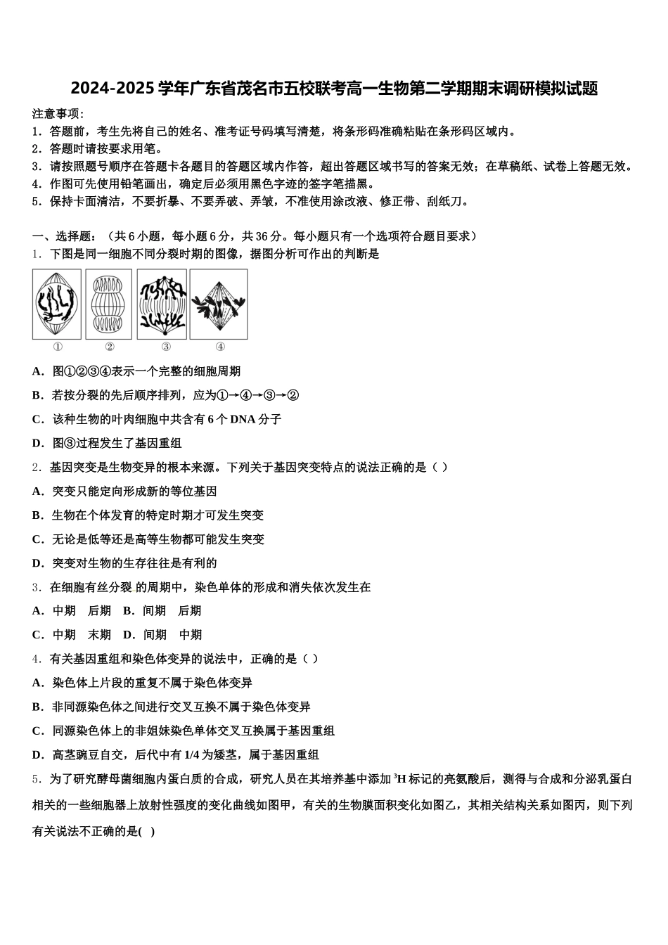 2024-2025学年广东省茂名市五校联考高一生物第二学期期末调研模拟试题含解析_第1页