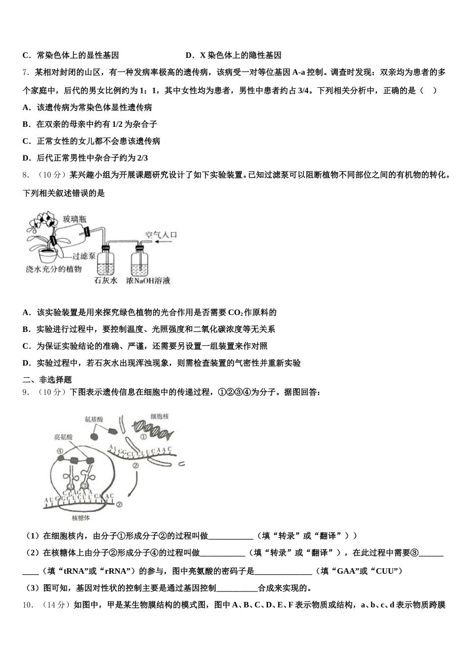 广东梅州第一中学2024-2025学年生物高一下期末学业水平测试模拟试题含解析_第2页