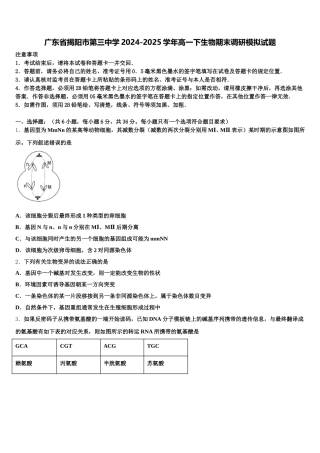 广东省揭阳市第三中学2024-2025学年高一下生物期末调研模拟试题含解析